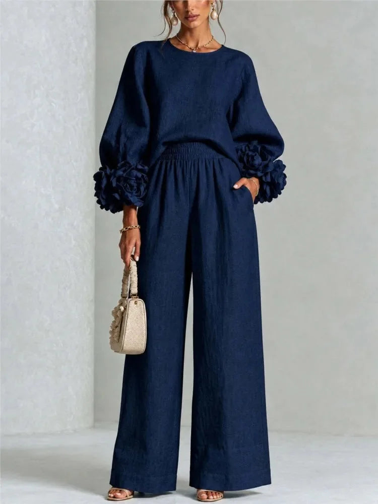 Deep Blue Women's Floral Cuff Set with Balloon Sleeves & Wide-Leg Pants
