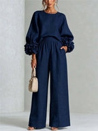 Deep Blue Women's Floral Cuff Set with Balloon Sleeves & Wide-Leg Pants