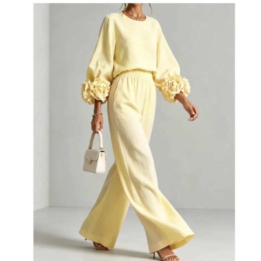 Light Yellow Women's Floral Cuff Set with Balloon Sleeves & Wide-Leg Pants