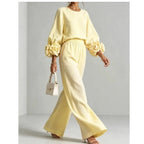 Light Yellow Women's Floral Cuff Set with Balloon Sleeves & Wide-Leg Pants