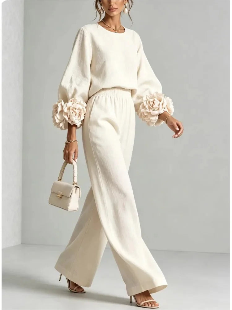 Milky Women's Floral Cuff Set with Balloon Sleeves & Wide-Leg Pants
