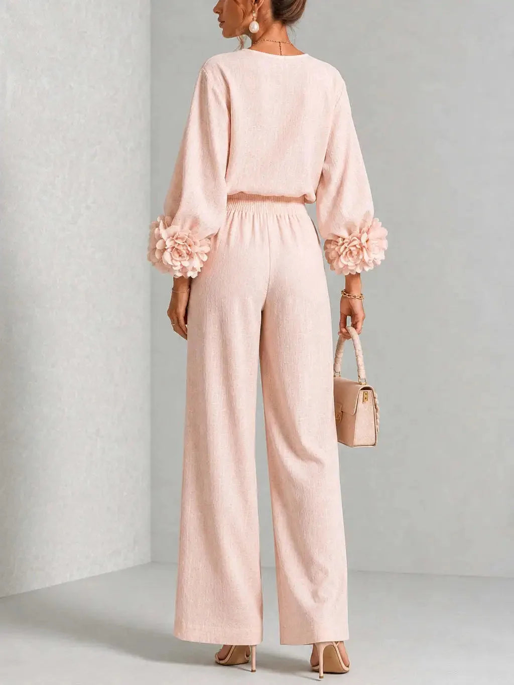 Women's Floral Cuff Set with Balloon Sleeves & Wide-Leg Pants - Back Full Pose