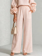 Women's Floral Cuff Set with Balloon Sleeves & Wide-Leg Pants - Close Up Waist Pants