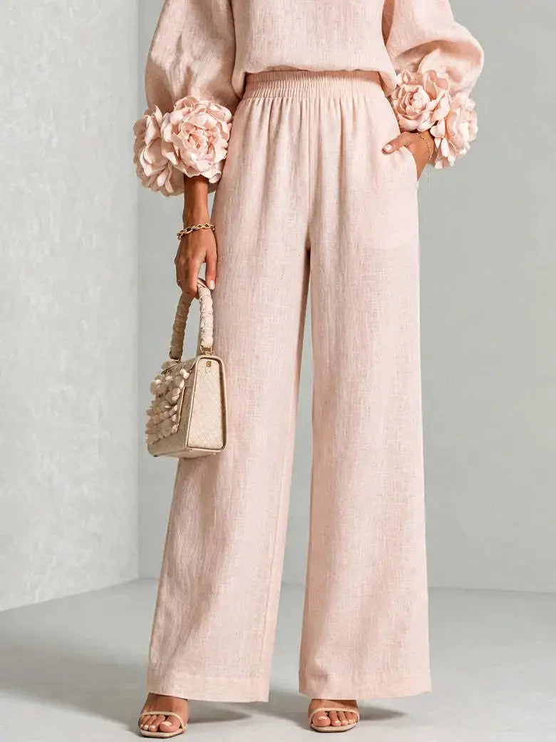 Women's Floral Cuff Set with Balloon Sleeves & Wide-Leg Pants - Close Up Waist Pants
