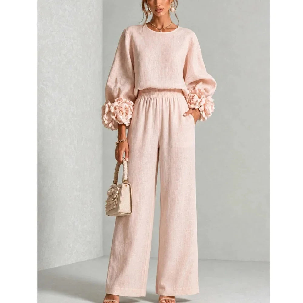 Women's Floral Cuff Set with Balloon Sleeves & Wide-Leg Pants - Front Walking Studio