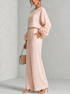 Women's Floral Cuff Set with Balloon Sleeves & Wide-Leg Pants - Side Pose Full