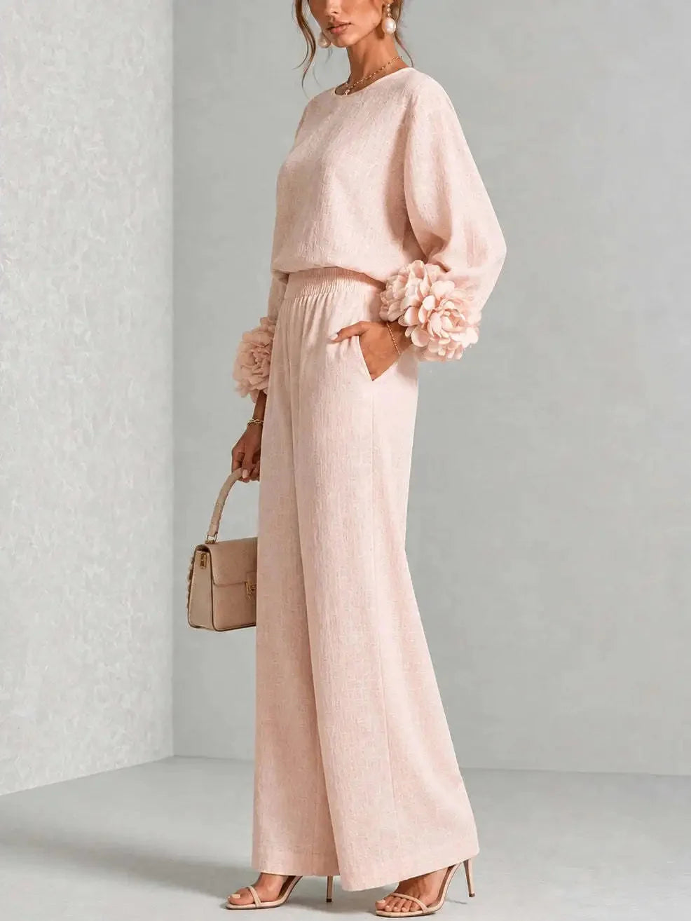 Women's Floral Cuff Set with Balloon Sleeves & Wide-Leg Pants - Side Pose Full
