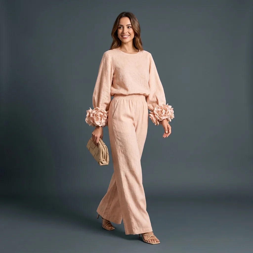 Women's Floral Cuff Set with Balloon Sleeves & Wide-Leg Pants - Studio Front Pose