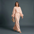 Women's Floral Cuff Set with Balloon Sleeves & Wide-Leg Pants - Studio Front Pose