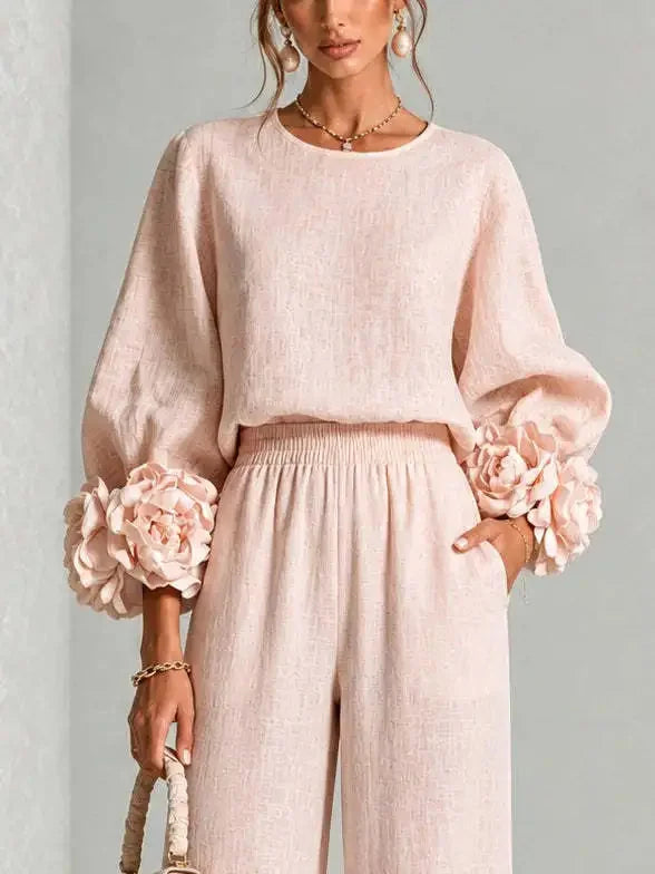 Pink Women's Floral Cuff Set with Balloon Sleeves & Wide-Leg Pants