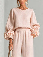 Pink Women's Floral Cuff Set with Balloon Sleeves & Wide-Leg Pants
