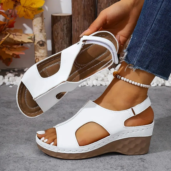 White Women's White Wedge Sandals — Priya Cutout Platform Ankle Strap - Side Detail Worn