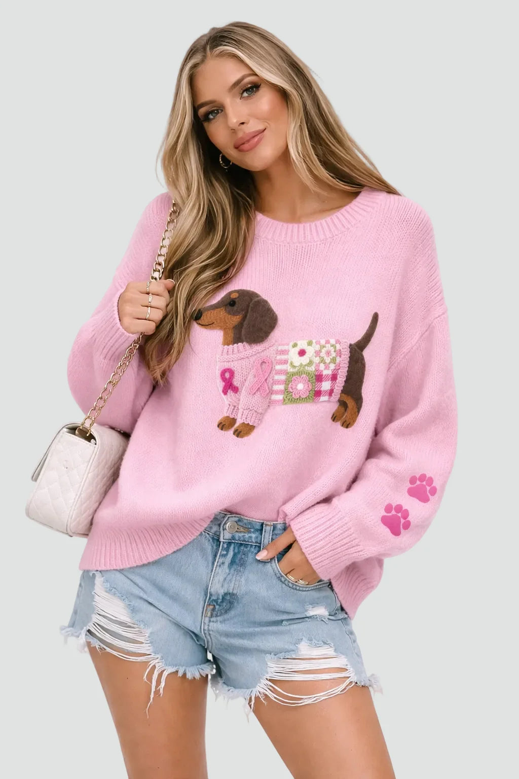 Women's Printed Sweater with Dachshund Graphic & Paw Print Sleeves - Worn Lifestyle