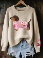 Beige Women's Knitted Sweater with Dachshund Patchwork Design & Relaxed Fit — Nadia