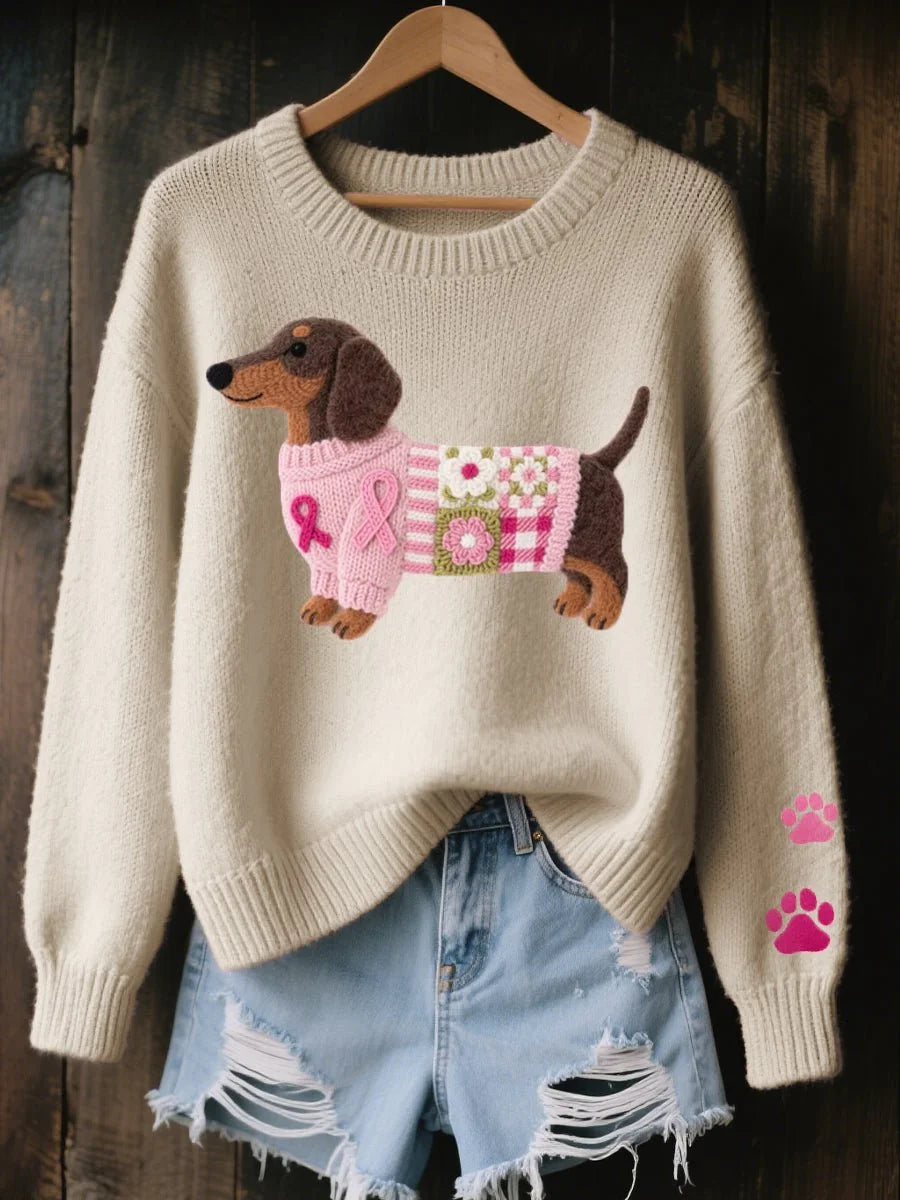 Beige Women's Knitted Sweater with Dachshund Patchwork Design & Relaxed Fit — Nadia