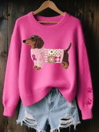 Dark Women's Knitted Sweater with Dachshund Patchwork Design & Relaxed Fit — Nadia - Pink