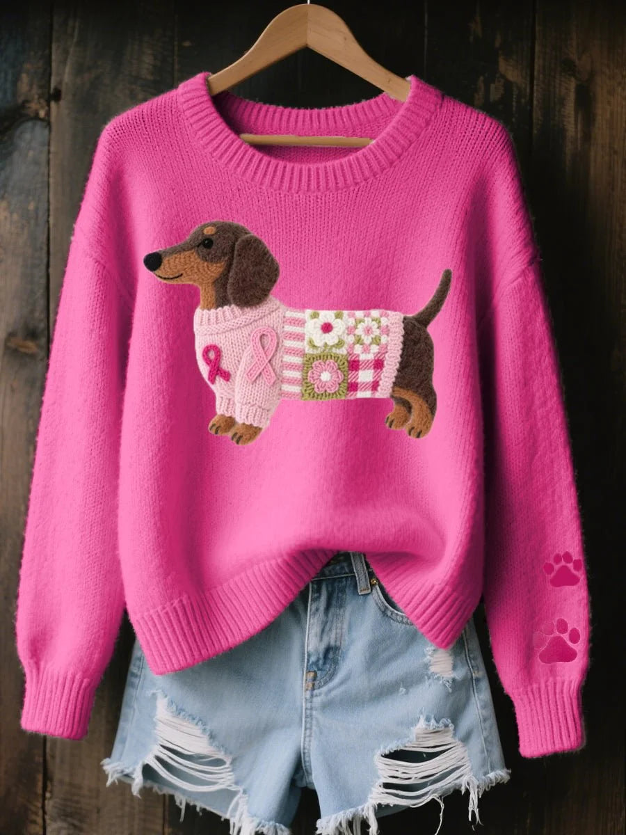 Dark Women's Knitted Sweater with Dachshund Patchwork Design & Relaxed Fit — Nadia - Pink