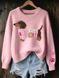 Women's Knitted Sweater with Dachshund Patchwork Design & Relaxed Fit — Nadia