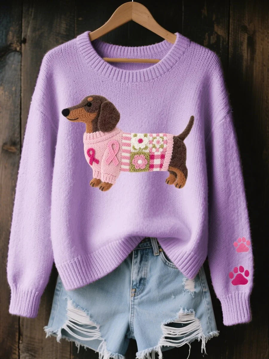 Purple Women's Knitted Sweater with Dachshund Patchwork Design & Relaxed Fit — Nadia