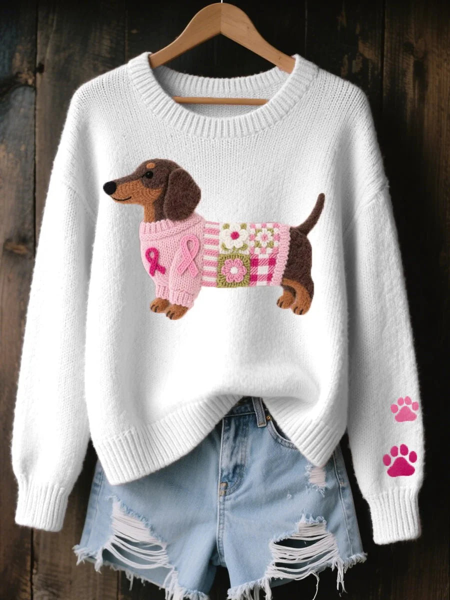 White Women's Knitted Sweater with Dachshund Patchwork Design & Relaxed Fit — Nadia