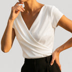 Women's Wrap V-Neck Blouse with Draped Front & Cap Sleeves — Arabella