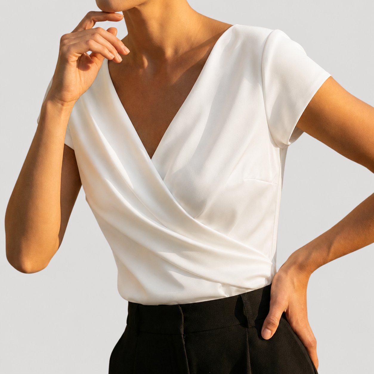 Women's Wrap V-Neck Blouse with Draped Front & Cap Sleeves — Arabella