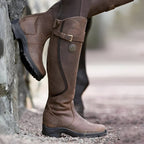 Dark Brown Women's Waterproof Leather Knee High Riding Boots with Adjustable Buckle Strap