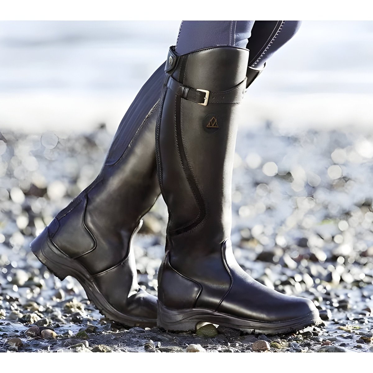 Black Women's Waterproof Leather Knee High Riding Boots with Adjustable Buckle Strap