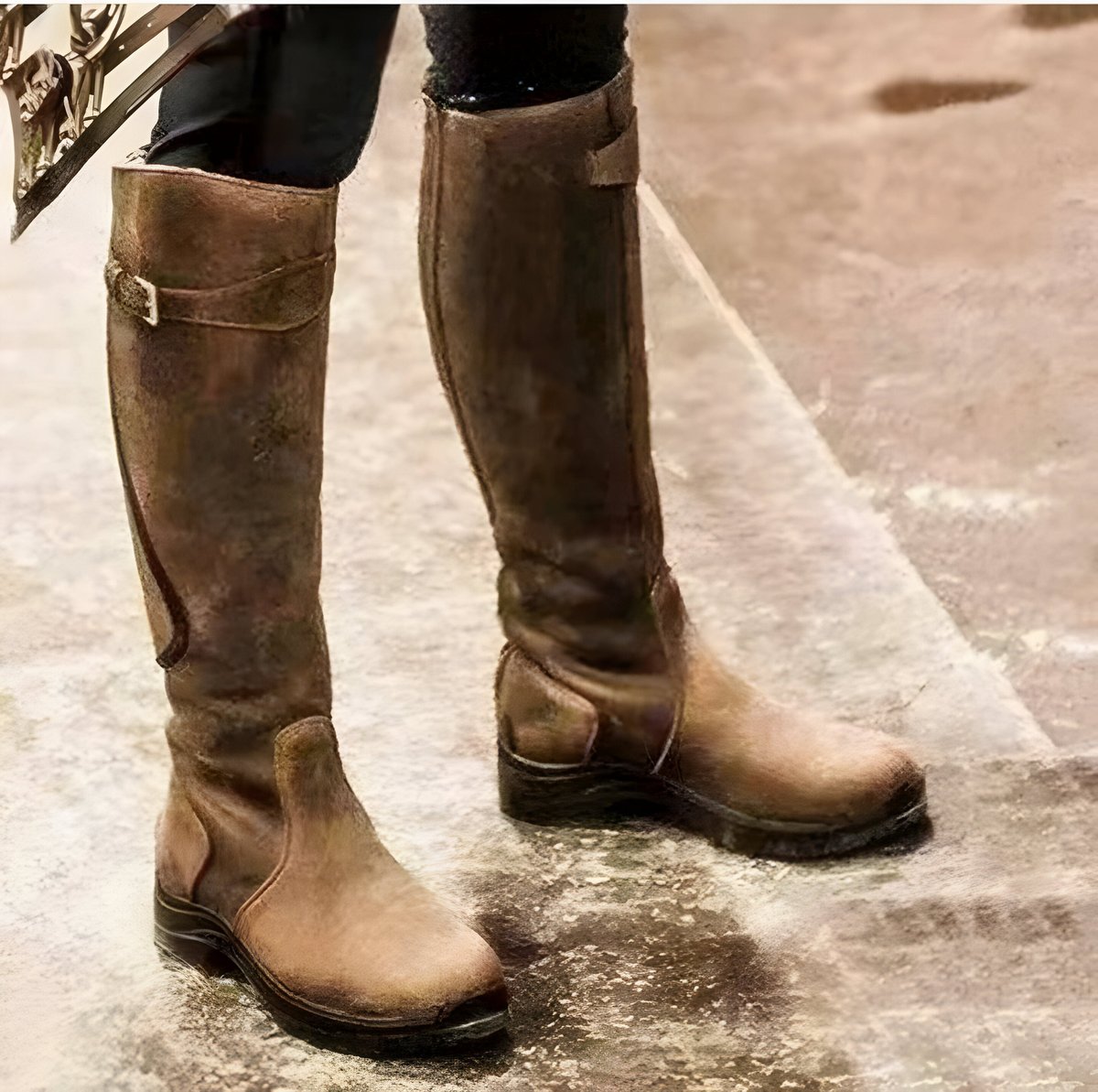 Brown Women's Waterproof Leather Knee High Riding Boots with Adjustable Buckle Strap