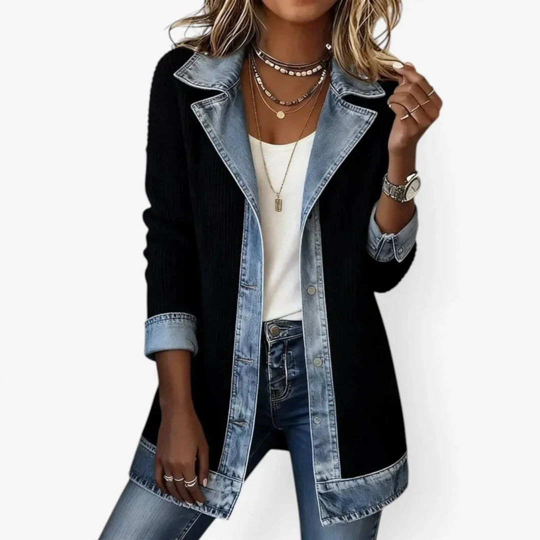 Black Women's Ribbed Denim Linen Blazer — Jade Tailored Longline Contrast - Front Closeup