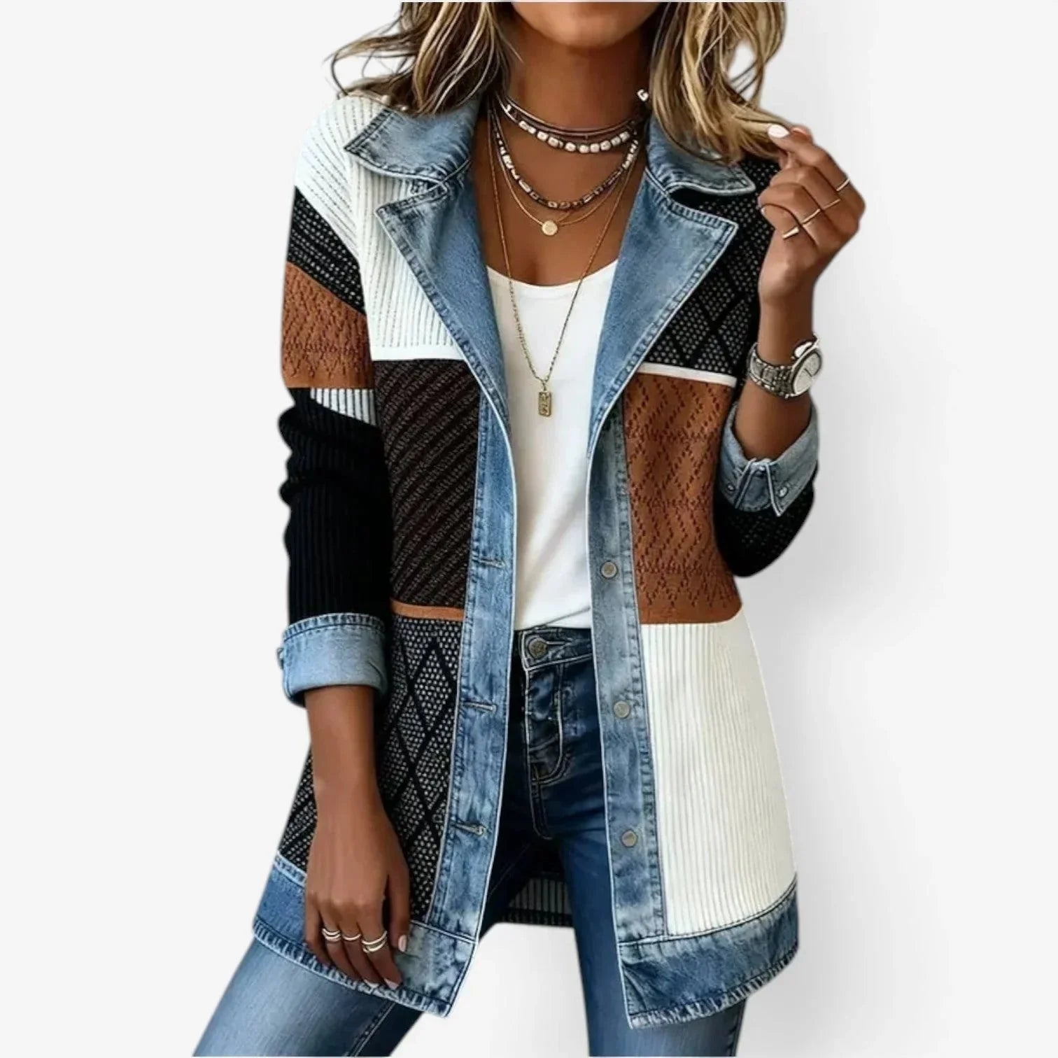 Black Women's Ribbed Denim Linen Blazer — Jade Tailored Longline Contrast - Patchwork Detail