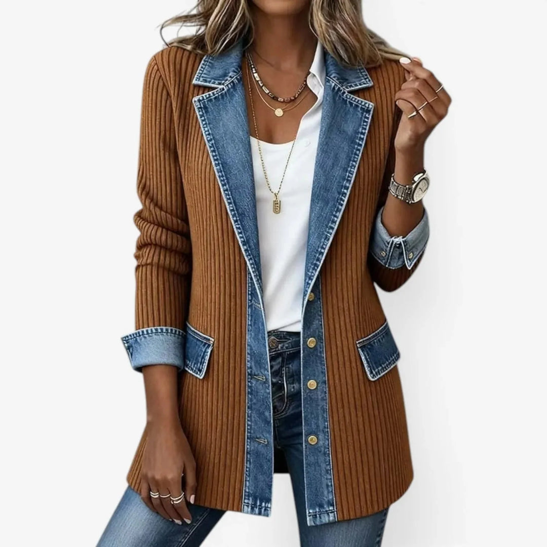 Brown Women's Ribbed Denim Linen Blazer — Jade Tailored Longline Contrast - Pocket Detail
