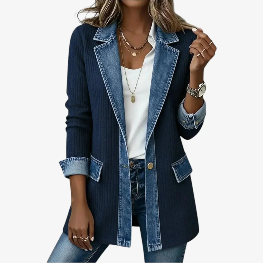 Navy Women's Ribbed Denim Linen Blazer — Jade Tailored Longline Contrast - Worn Lifestyle