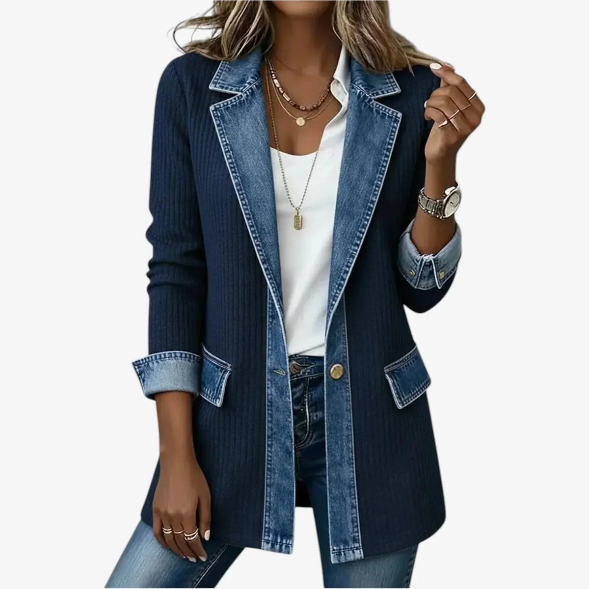 Navy Women's Ribbed Denim Linen Blazer — Jade Tailored Longline Contrast - Worn Lifestyle