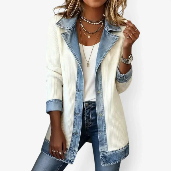 White Women's Ribbed Denim Linen Blazer — Jade Tailored Longline Contrast - Front Full