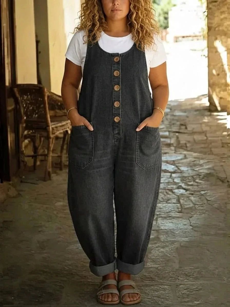 Black Women's Vintage Denim Overalls — Tamsin Cotton Button-Front Wide-Leg - Hands In Pockets