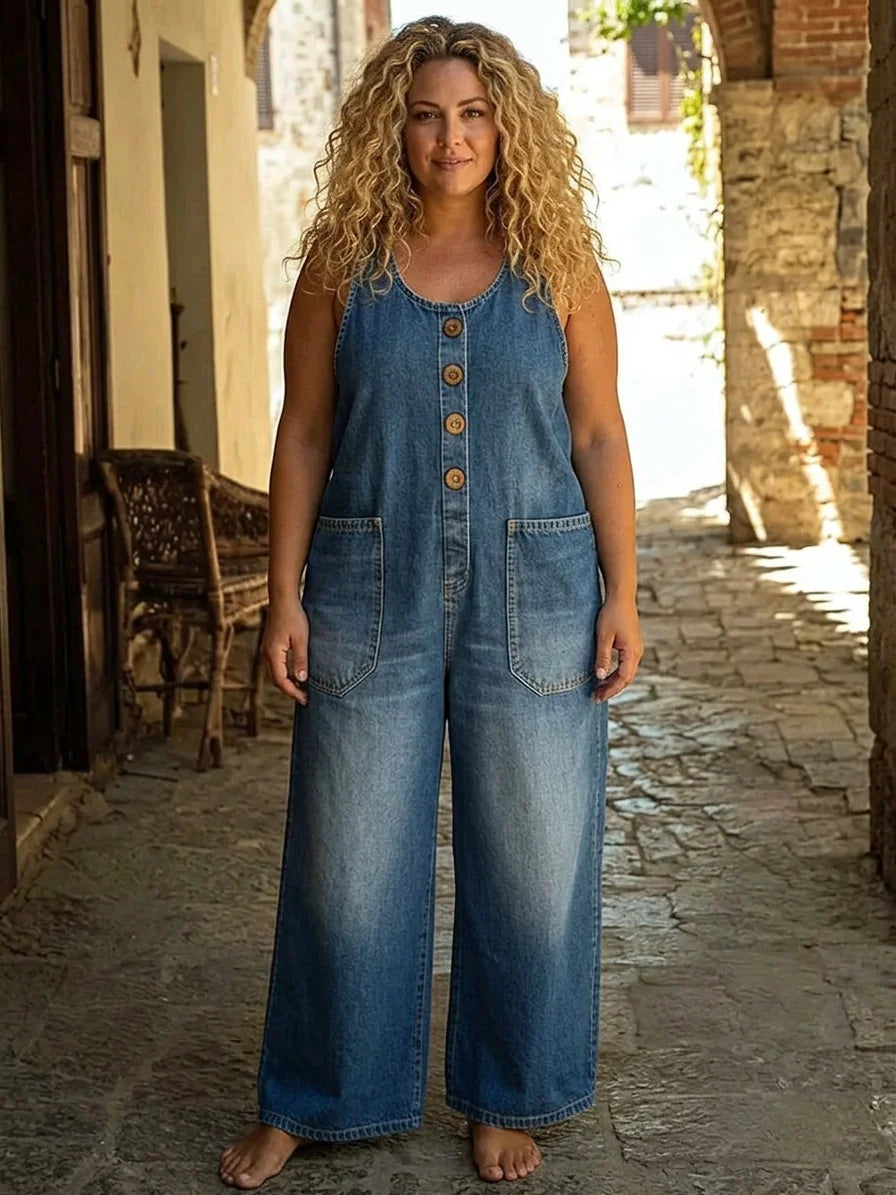 Blue Women's Vintage Denim Overalls — Tamsin Cotton Button-Front Wide-Leg - Front Full