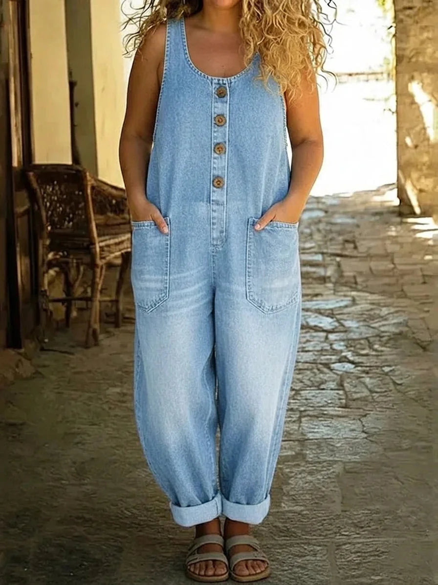 Light Blue Women's Vintage Denim Overalls — Tamsin Cotton Button-Front Wide-Leg - Close Up Front