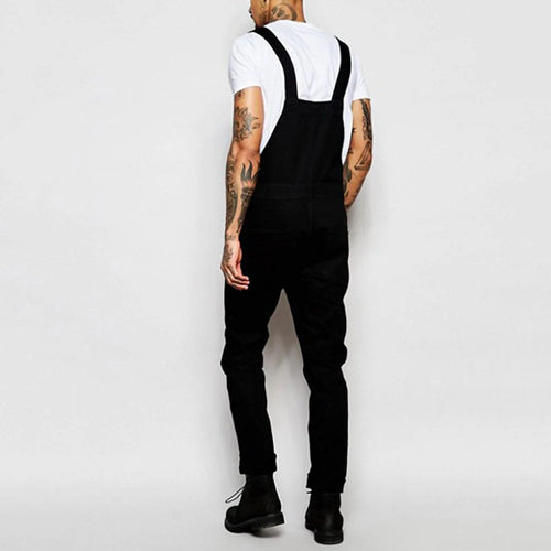 Black Men's Denim Overalls — Hugo Adjustable-Strap Relaxed Fit Pockets - Back Full