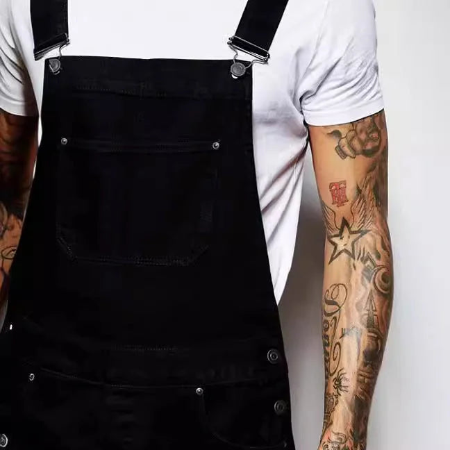 Black Men's Denim Overalls — Hugo Adjustable-Strap Relaxed Fit Pockets - Close Up Pocket