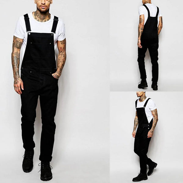 Black Men's Denim Overalls — Hugo Adjustable-Strap Relaxed Fit Pockets - Front Full