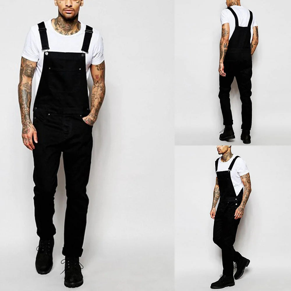 Black Men's Denim Overalls — Hugo Adjustable-Strap Relaxed Fit Pockets - Front Full