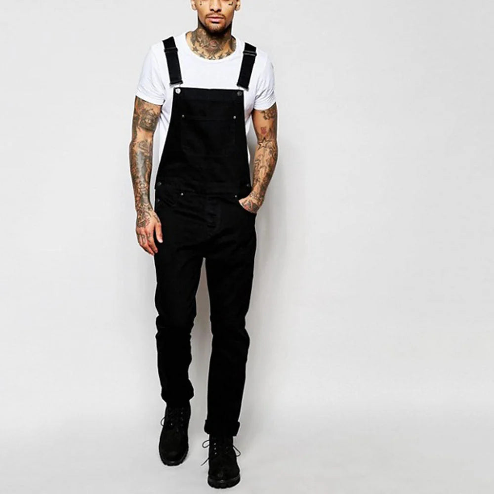 Black Men's Denim Overalls — Hugo Adjustable-Strap Relaxed Fit Pockets - Front Standing