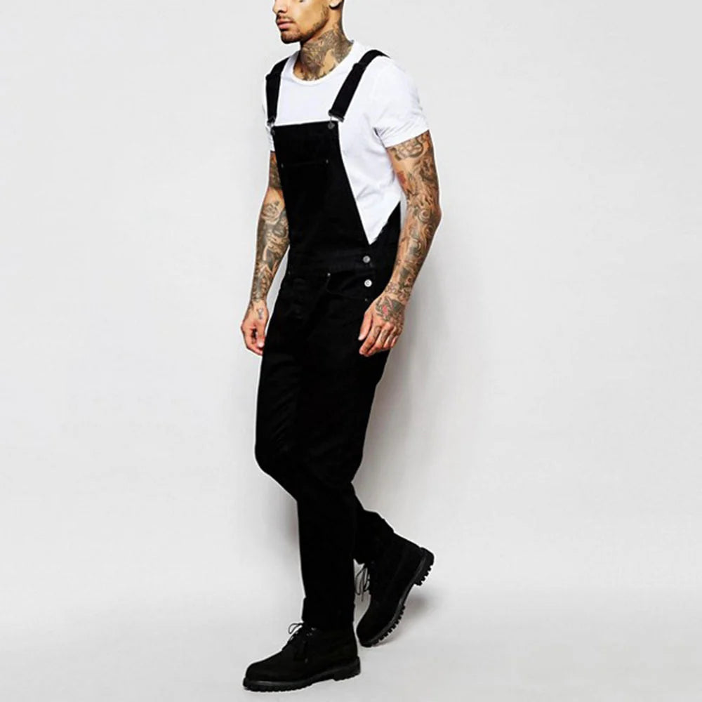 Black Men's Denim Overalls — Hugo Adjustable-Strap Relaxed Fit Pockets - Side Walking