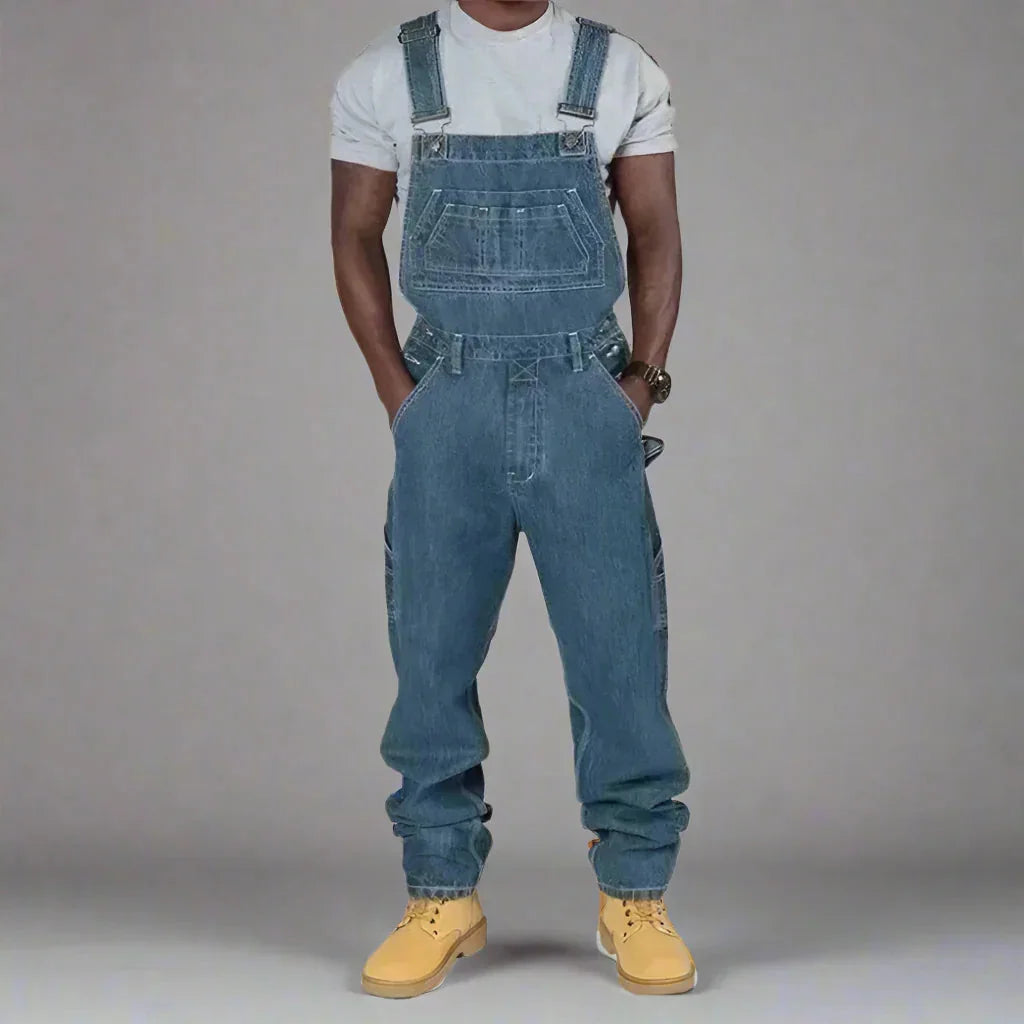 Blue Men's Straight-Leg Denim Overalls — Elias Relaxed-Fit Pocket Workwear - Front Full