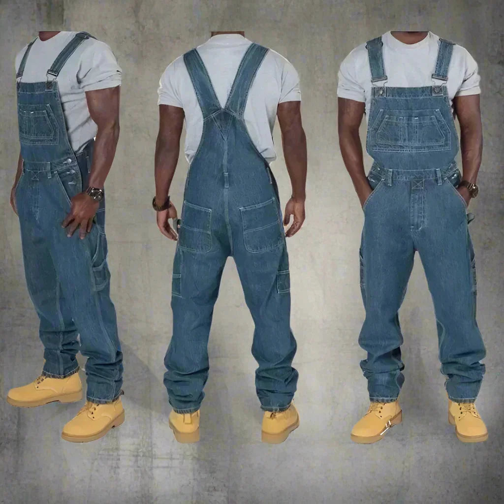 Blue Men's Straight-Leg Denim Overalls — Elias Relaxed-Fit Pocket Workwear - Triple View