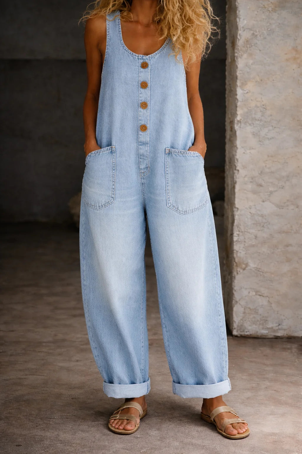 Light Blue Women's Blue Denim Overalls — Olympia Relaxed-Fit Button-Front Wide-Leg - Front Crop