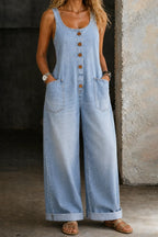 Light Blue Women's Blue Denim Overalls — Olympia Relaxed-Fit Button-Front Wide-Leg - Front Full