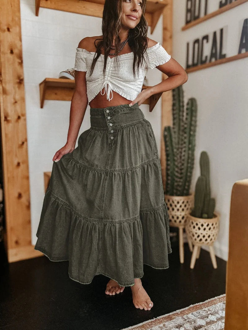 Army Women's Denim Tiered Maxi Skirt — Francine Boho Button-Front High-Waisted - Green Front Flowing