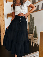 Black Women's Denim Tiered Maxi Skirt - Front Detail